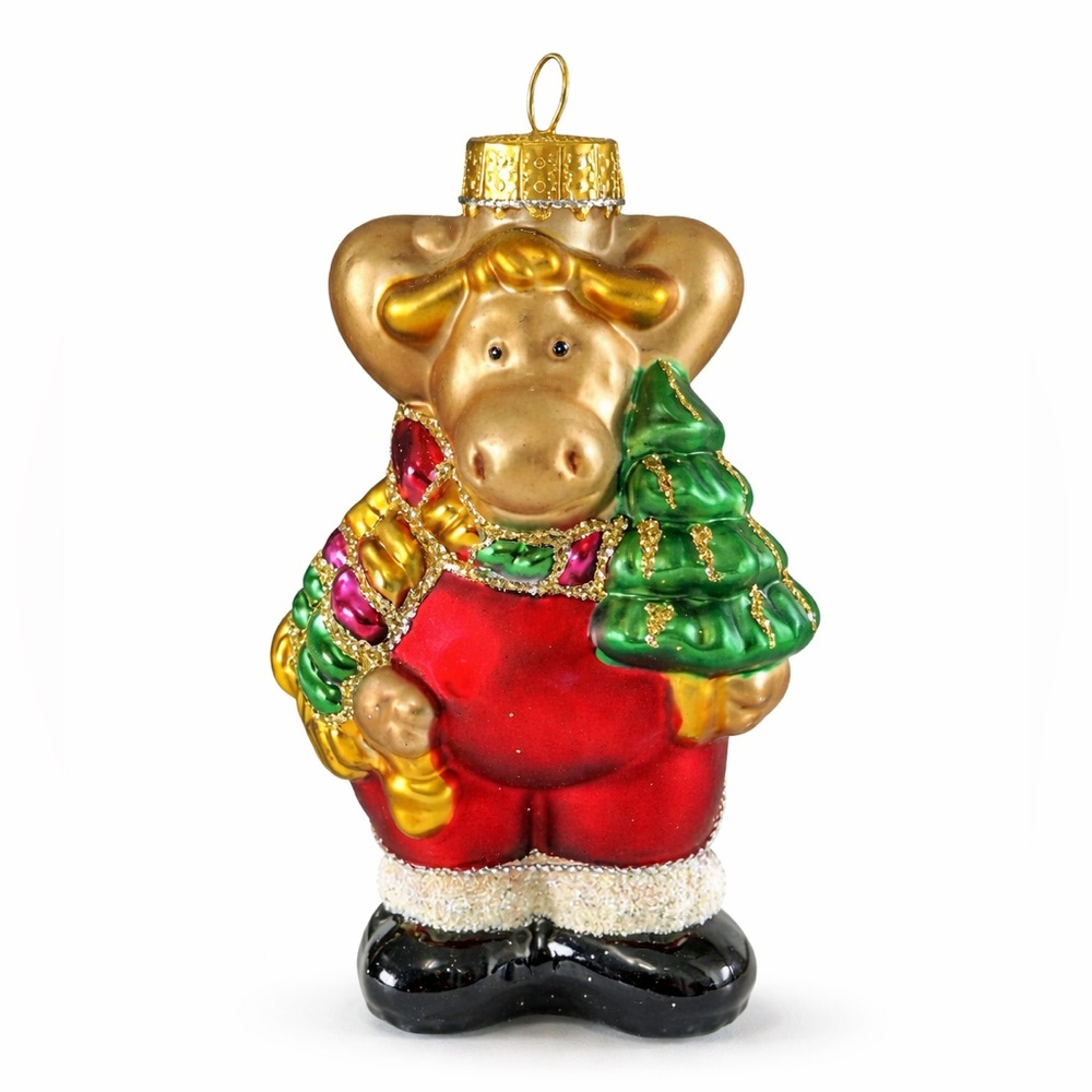 Unique Treasures Glass Moose Ornament w/ Tree Hand Blown w/ Case Christmas